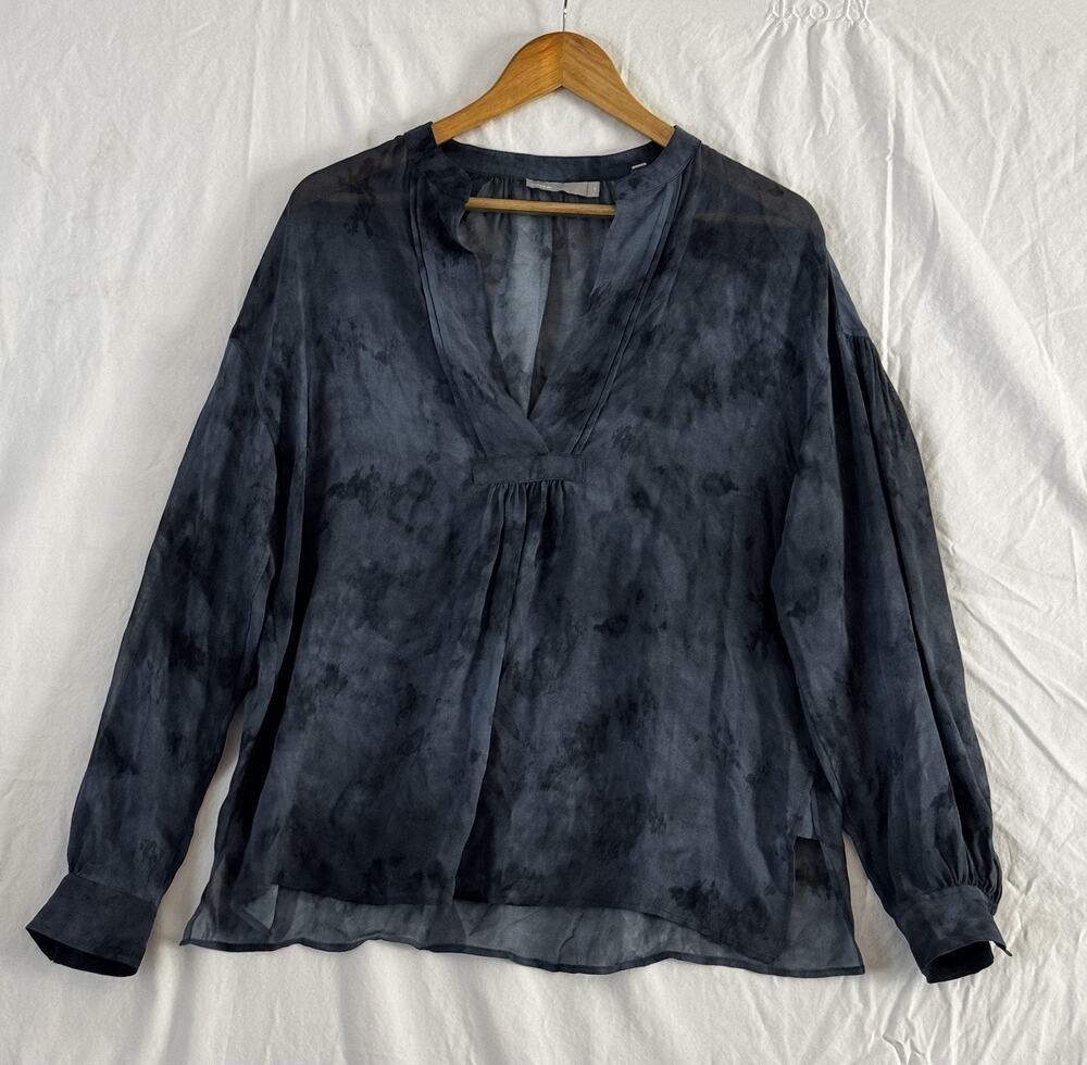 Vince Womens Gray Blue Tie Dye Silk Split Neck Long Sleeve Blouse Top Size M